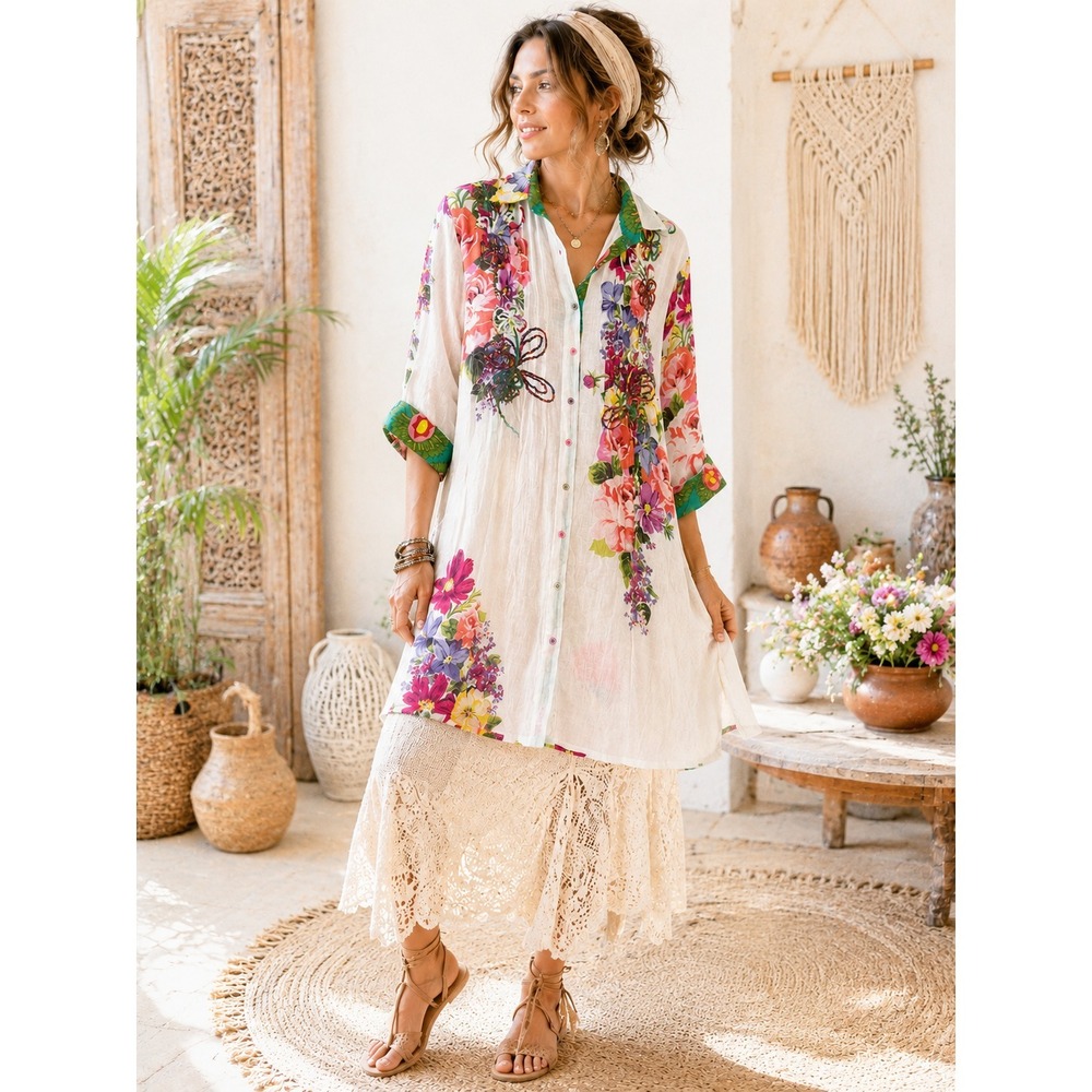 Antica Sartoria Embroidered Floral Cotton Tunic Shirt Dress Italy L Boho Gauze